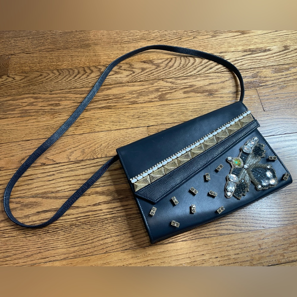 Vintage Navy Leather Clutch with Vintage Embellishment Handmade